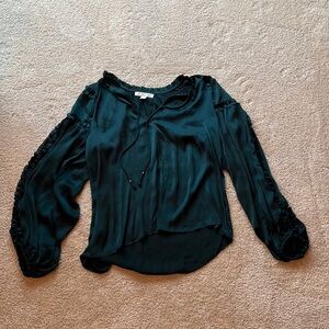 Chelsea and Violet Plisse Ruffle Split V-Neck Long Balloon Sleeve Blouse